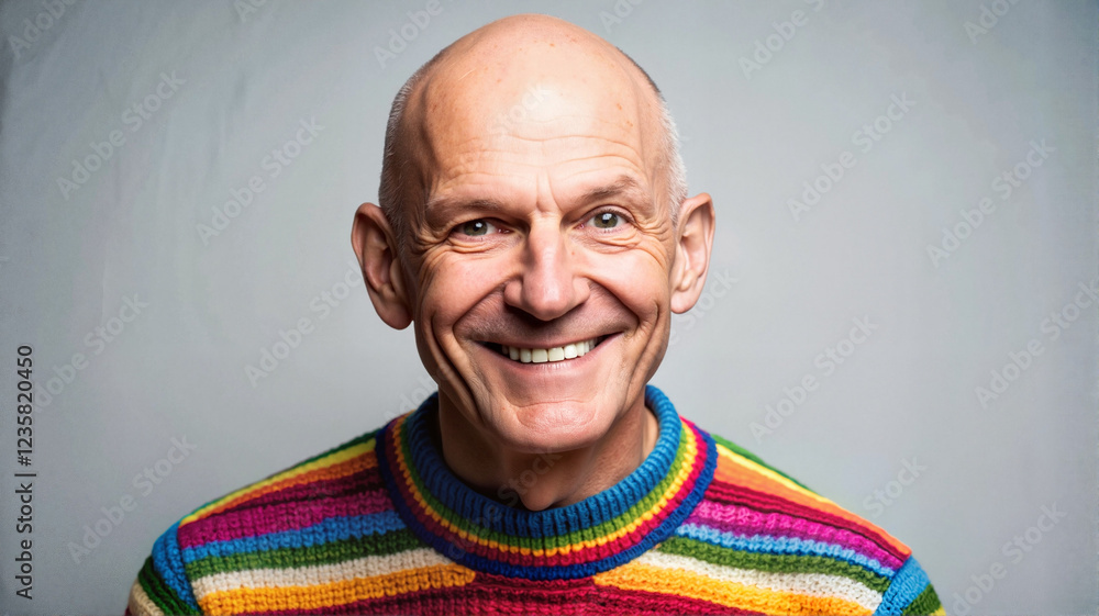 Obraz premium Bald man in colorful sweater smiling joyfully