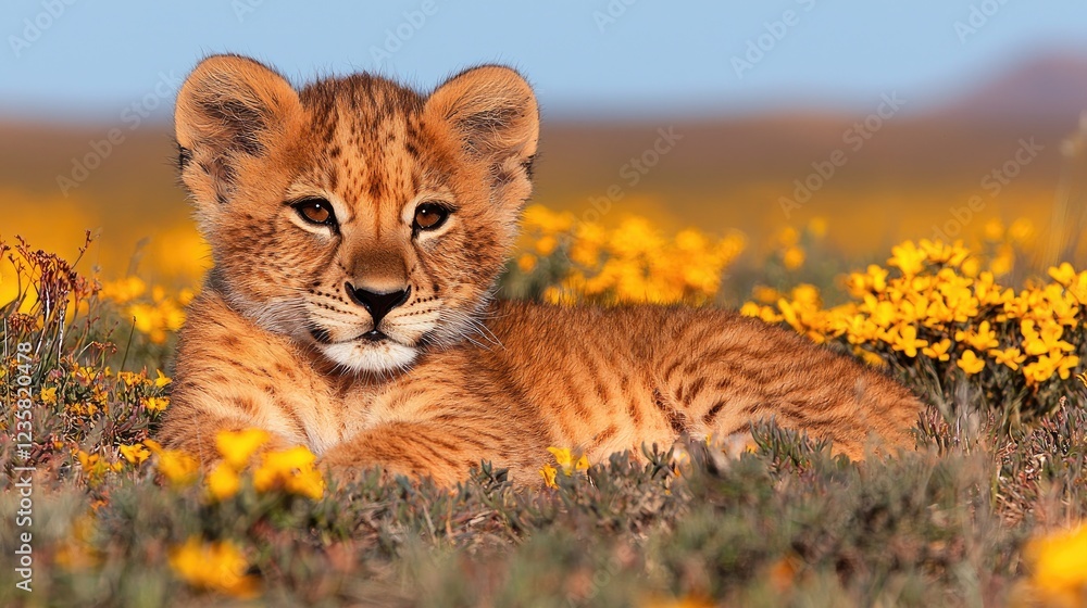 Obraz premium Lion cub resting in yellow flowers, savanna background; wildlife