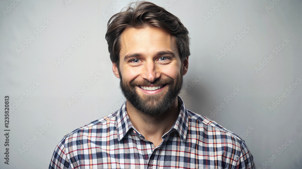 Bearded man in plaid shirt smiling warmly Bearded man in plaid shirt smiling warmly