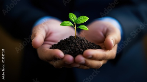 Growing diagram in hand of man in business suit. Symbol of development, business growth, prosperity and economy. Person holding growing blue graph. Banner concept of investments photo