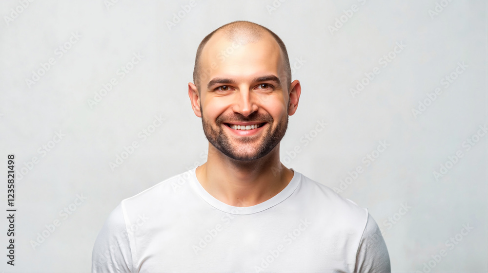 Bald man in white t-shirt smiling warmly Bald man in white t-shirt smiling warmly