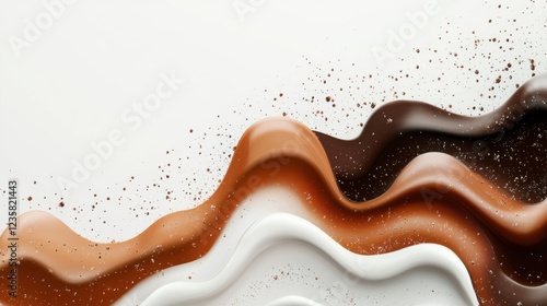 Melted chocolate waves with milk on white background with copy space. Abstract splash and drips of liquid hot coffe. Autumn hot warming choco drink. Food illustration for banner, invitation