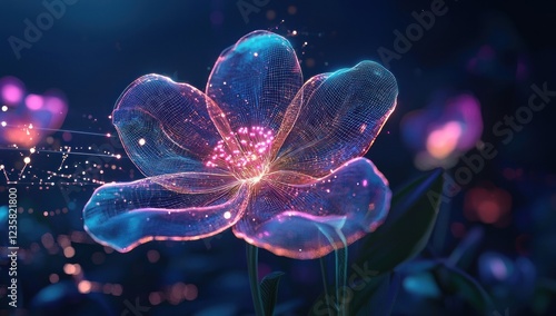 Glowing digital flowers with neon-like lines and nodes, showcasing a blend of futuristic technology and natural aesthetics