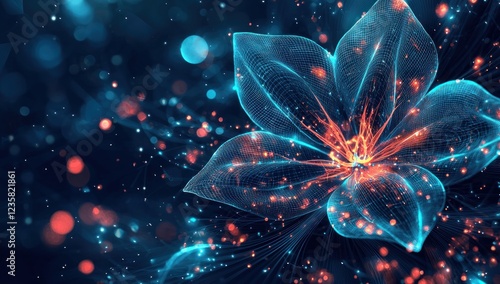 Glowing digital flowers with neon-like lines and nodes, showcasing a blend of futuristic technology and natural aesthetics