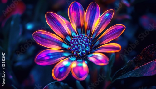 Vibrant neon flowers with glowing petals and intricate futuristic details, blending nature's elegance with advanced technology