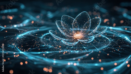 Glowing digital flowers with neon-like lines and nodes, showcasing a blend of futuristic technology and natural aesthetics