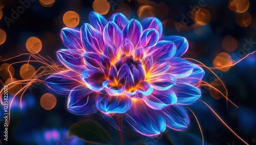 Vibrant neon flowers with glowing petals and intricate futuristic details, blending nature's elegance with advanced technology