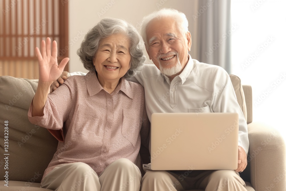 Smiling Senior Couple Using Laptop at Home Smiling Senior Couple Using Laptop at Home