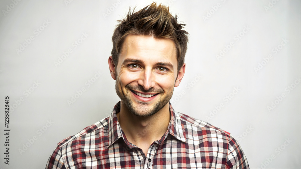 Young man in plaid shirt with a friendly expression Young man in plaid shirt with a friendly expression