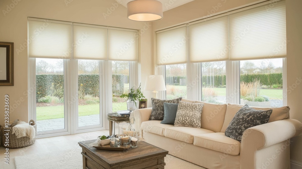 Fototapeta premium Serene sunroom, cream couch, garden view.