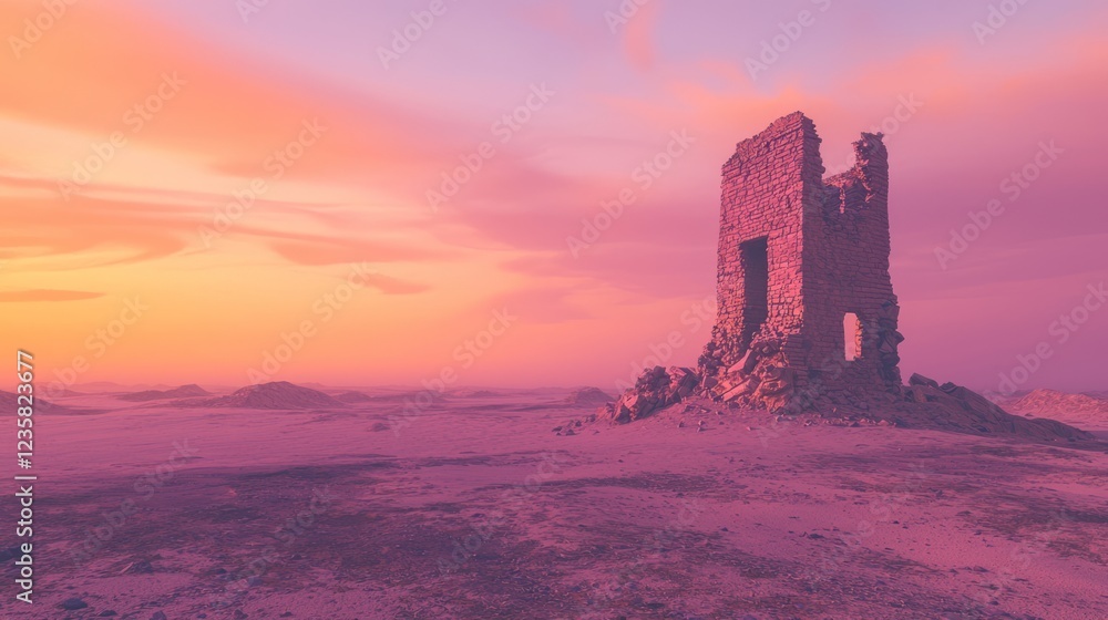 Obraz premium Crumbling Watchtower Overlooking a Serene Landscape at Dusk