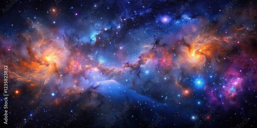 Fototapeta premium A vast expanse of dark blue space with numerous stars and nebulae in shades of pink, purple, and orange against a deep black background, astronomy, deep blue