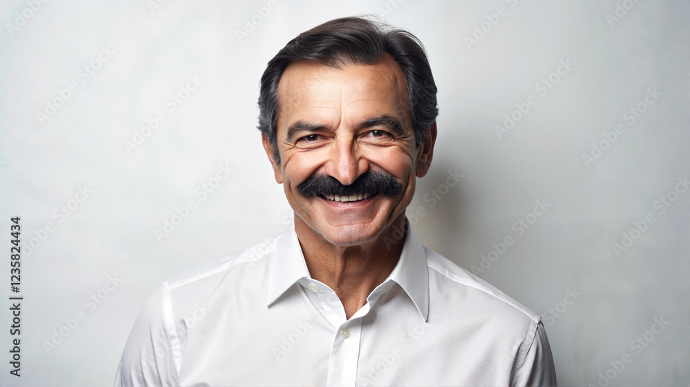 Obraz premium Middle-aged man with mustache in white shirt smiling