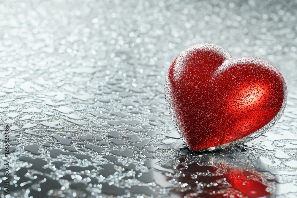 Fototapeta premium Shiny Red Heart on Rainy Surface with Glowing Reflection and Droplets of Water