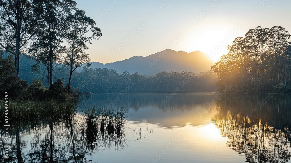 Obraz premium Sunrise lake reflection, mountain backdrop, calm water, travel poster