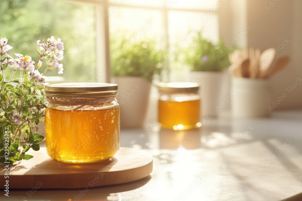 Golden Honey Jar with Flowers and Sunlight in Cozy Kitchen Setting Golden Honey Jar with Flowers and Sunlight in Cozy Kitchen Setting