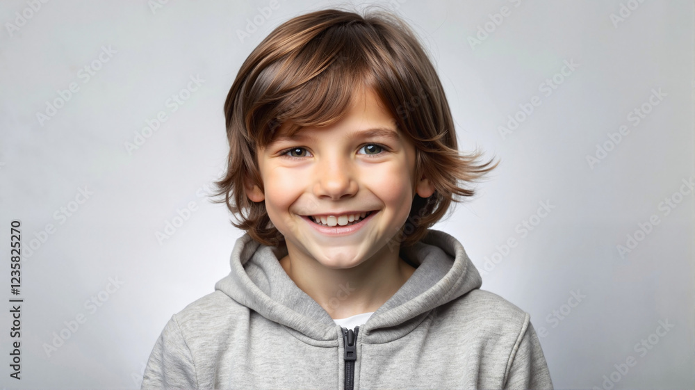 Happy young boy with medium-length hair wearing a gray hoodie Happy young boy with medium-length hair wearing a gray hoodie
