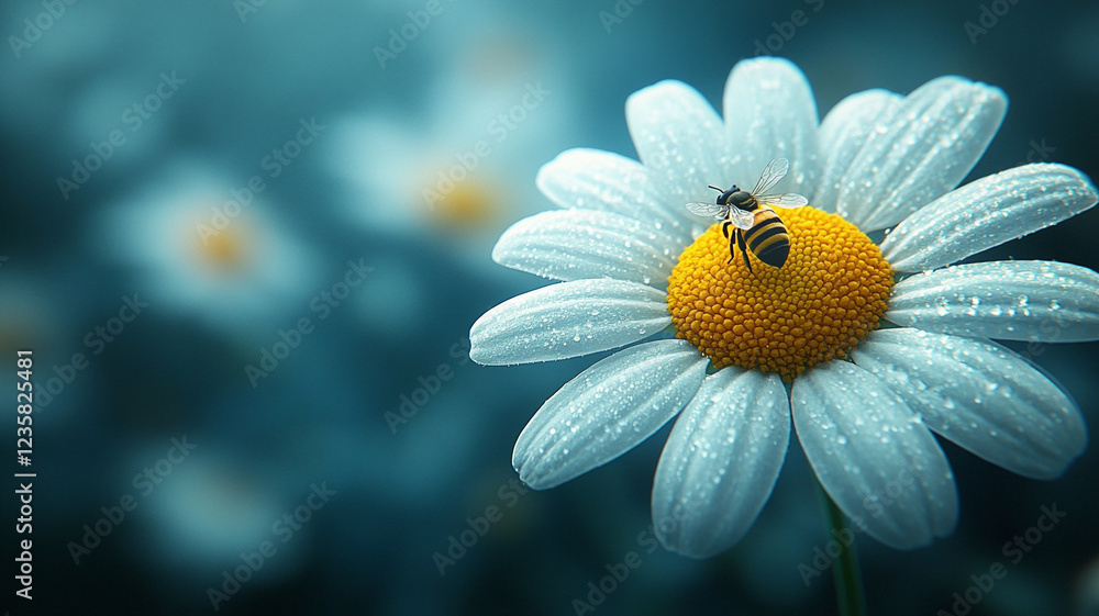 Fototapeta premium A daisy on a blue background. spring chamomile and bee. chamomile and ladybug.
