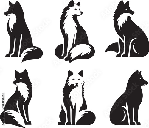 arctic fox silhouette, sitting fox vector, fox pose set, black and white fox, fox illustration, wild animal silhouette, arctic fox sitting pose, predator animal vector, tundra fox silhouette, 
