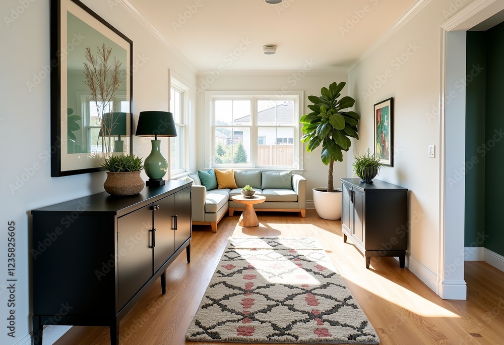 Fototapeta premium Coastal Style Entryway: Black Console Close Up, Warm Styling, Well Lit, Youthful Decor, Lived-in, Beni Ourain Rug, Oak Floors, Fresh & Clean, Emerald Accents, Morning Light, White Walls. 