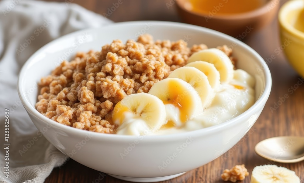Healthy breakfast bowl with yogurt and bananas Healthy breakfast bowl with yogurt and bananas