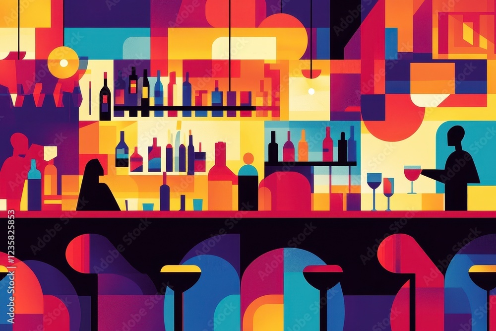 Abstract Geometric Bar Scene with Patrons and Drinks Abstract Geometric Bar Scene with Patrons and Drinks