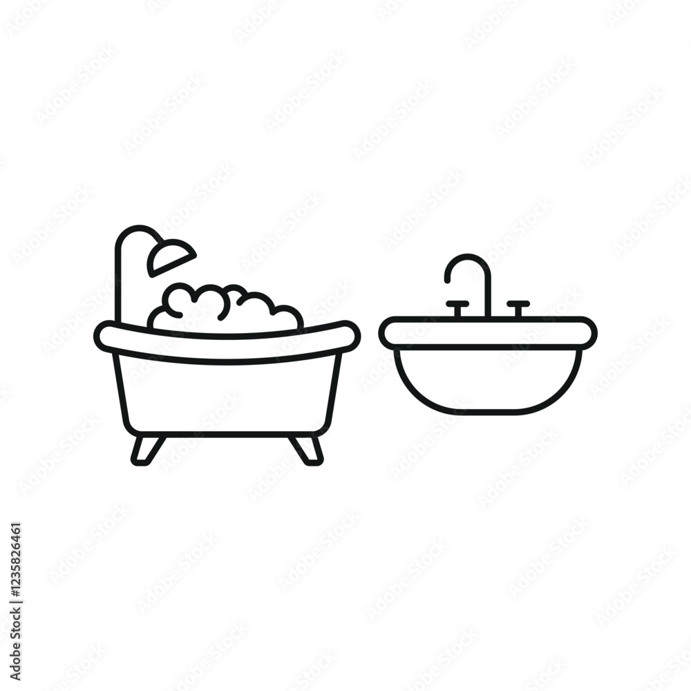 Sink set and bathtub set icon with a clean and minimal design, ideal for bathroom-related visuals, home decor, and interior design themes Sink set and bathtub set icon with a clean and minimal design, ideal for bathroom-related visuals, home decor, and interior design themes