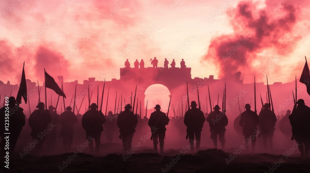 Fototapeta premium Mournful Drum Corps Standing in Formation During Sunset Event