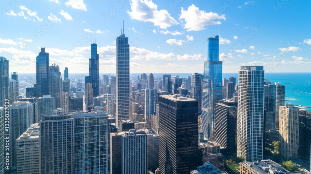 Fototapeta premium Aerial view of Chicago's skyscrapers, lakefront, and blue sky, showcasing urban development and modern architecture for travel and real estate marketing