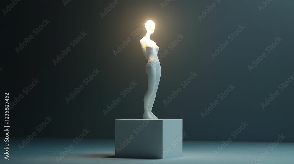Illuminated figure stands serene on cube pedestal Illuminated figure stands serene on cube pedestal