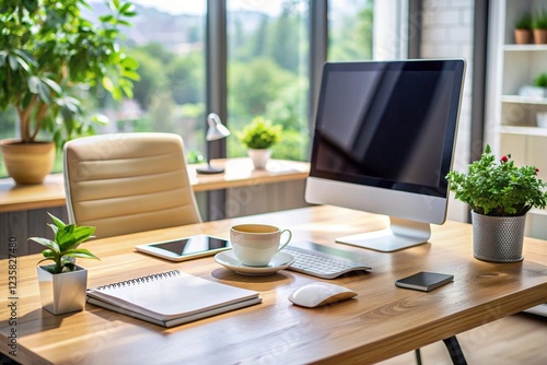 Wallpaper Mural The office of a Modern workspace with desktop computer, notebooks, and coffee cup in daylights Torontodigital.ca