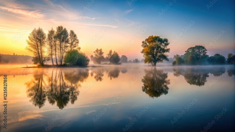 Serene lake at dawn, misty atmosphere, trees reflected, reflection, landscape, reflection, landscape Serene lake at dawn, misty atmosphere, trees reflected, reflection, landscape, reflection, landscape