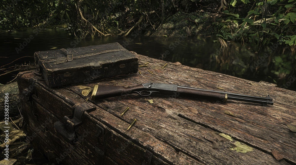 Fototapeta premium Vintage Rifle Resting on Battered Trunk by Tranquil Riverbank