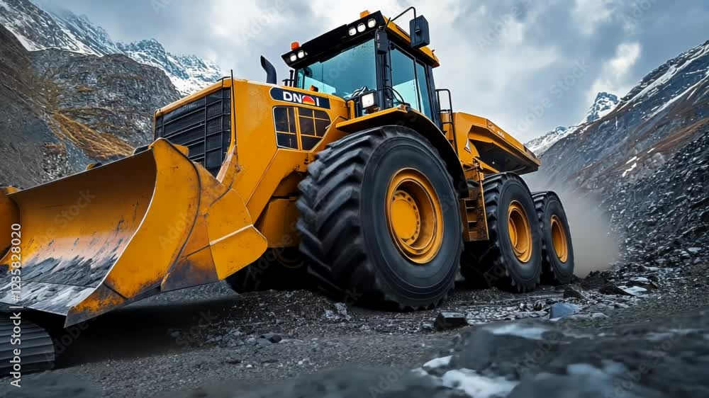 Heavy machinery moving through a rugged mountain landscape under cloudy skies Heavy machinery moving through a rugged mountain landscape under cloudy skies