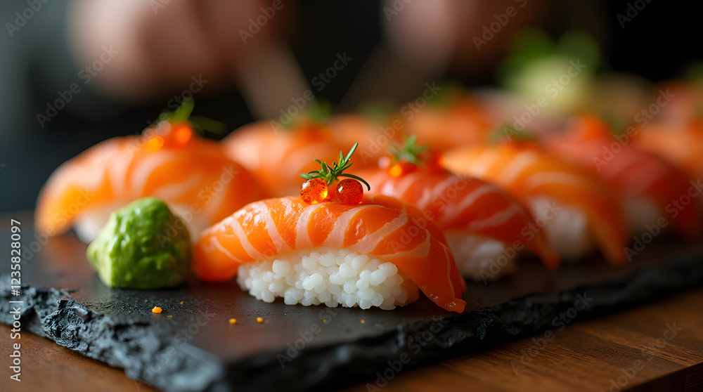 Delicious Salmon Nigiri Sushi Platter: Fresh, Elegant Japanese Cuisine with Avocado and Caviar Delicious Salmon Nigiri Sushi Platter: Fresh, Elegant Japanese Cuisine with Avocado and Caviar