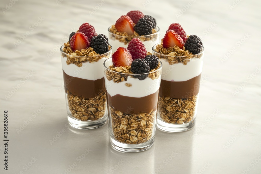 Delicious Layers of Yogurt, Granola, and Fresh Berries in Clear Glass Cups Delicious Layers of Yogurt, Granola, and Fresh Berries in Clear Glass Cups