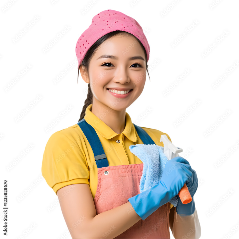 Asian housekeeper in a uniform, giving a thumbs-up while holding a cleaning cloth, isolated on a white background Asian housekeeper in a uniform, giving a thumbs-up while holding a cleaning cloth, isolated on a white background