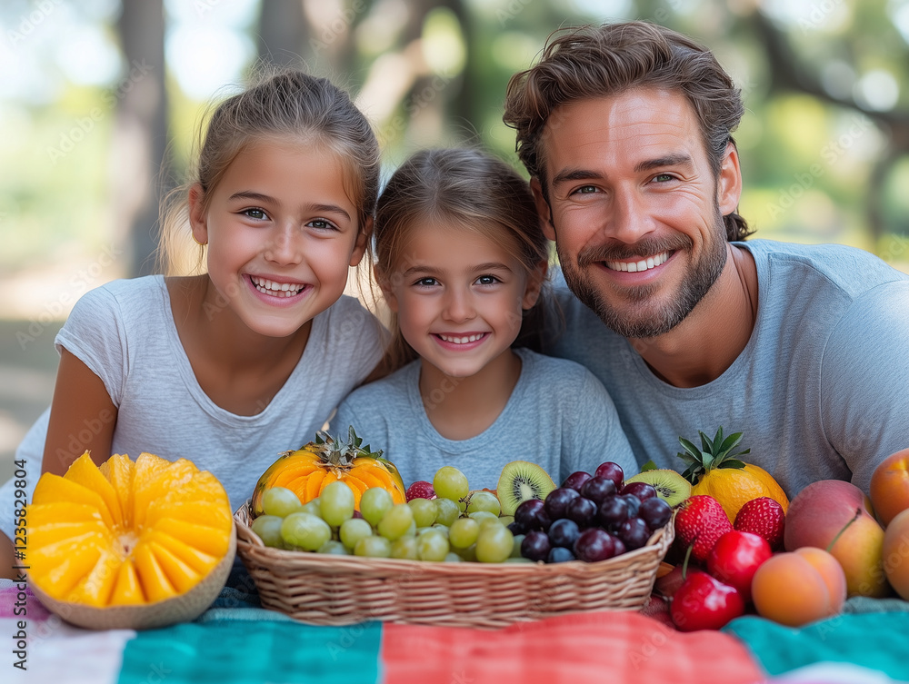 Happy family enjoying picnic with fresh fruits, smiling together. father and two daughters are surrounded by variety of colorful fruits, creating joyful atmosphere
