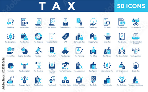 Tax icons set with tax filing, income tax, tax forms, tax refund, tax calculator, tax payment, tax return, tax audit, tax document, tax deduction icon. Simple flat vector 

