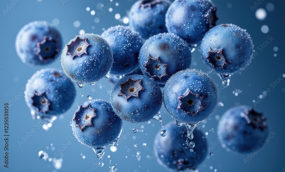 Fresh blueberries splashing with water droplets Fresh blueberries splashing with water droplets