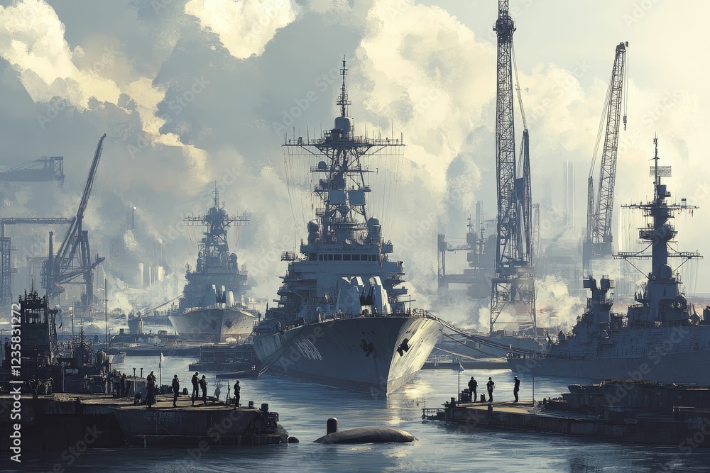 Warships docked shipyard misty morning harbor Warships docked shipyard misty morning harbor