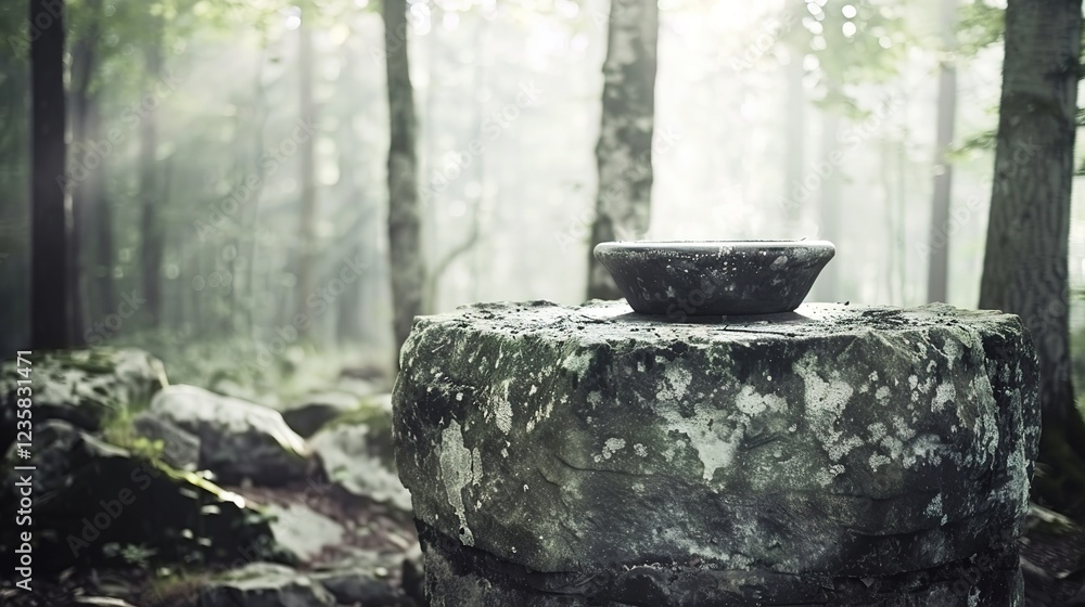 Obraz premium Ancient stone altar in misty forest with ceremonial bowl, symbolizing ancient rituals and spiritual connection to nature, evoking mystery and historical traditions. 