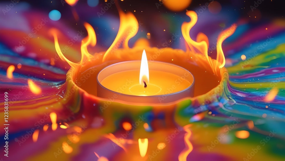 A vibrant candle glows at the center, surrounded by a splash of vivid colors resembling flames. The mix of rainbow hues creates a dynamic and captivating atmosphere. A vibrant candle glows at the center, surrounded by a splash of vivid colors resembling flames. The mix of rainbow hues creates a dynamic and captivating atmosphere.