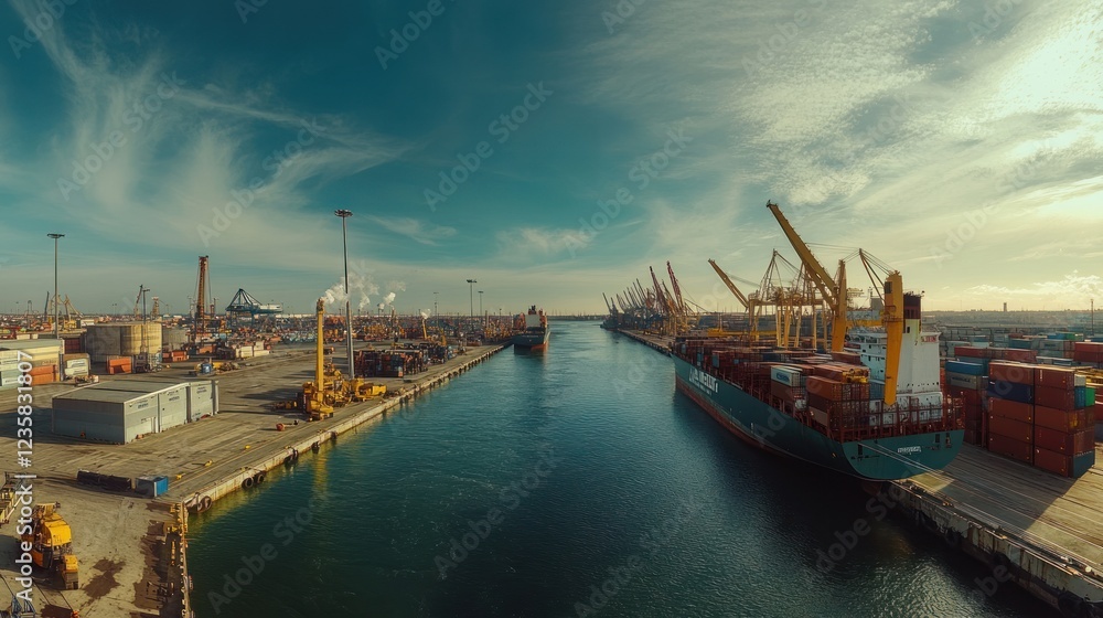 Obraz premium A panoramic view of a busy shipping port with containers and cranes along the waterway.