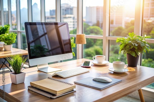 Wallpaper Mural The office of a Modern workspace with desktop computer, notebooks, and coffee cup in daylights Torontodigital.ca