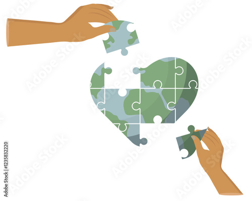 Heart-Shaped Earth Puzzle isolated on transparent background. Global Cooperation. hands assembling a Earth jigsaw puzzle, symbolizing global collaboration and environmental solutions. Vector 