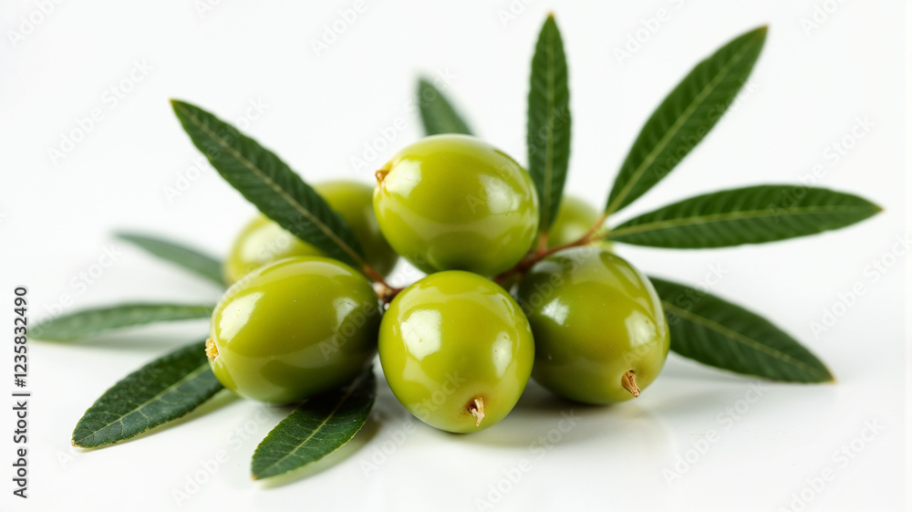 Obraz premium Add a touch of freshness and Mediterranean charm to your projects with this image of plump, green olives on a branch. Perfect for food, health, and nature-themed designs
