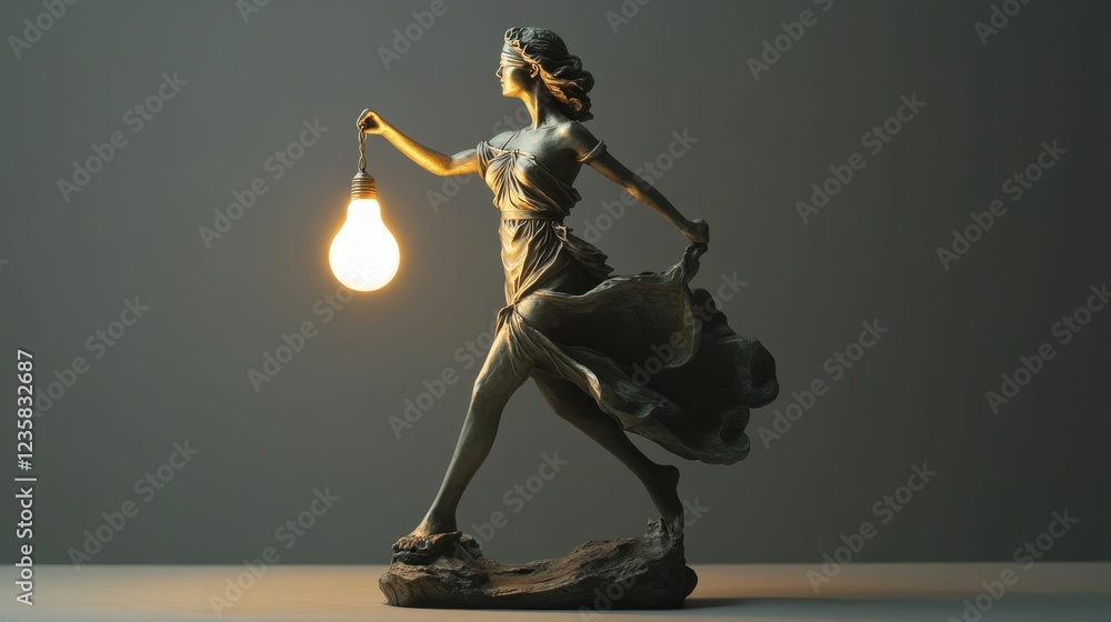 Elegant statue holding glowing lightbulb, art deco style. Elegant statue holding glowing lightbulb, art deco style.