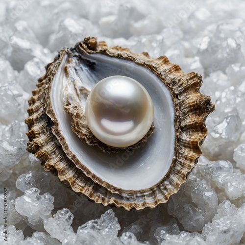 A pearl of unmatched beauty resting in a finely detailed oyster shell, with a bright white backdrop creating a stunning contrast. photo