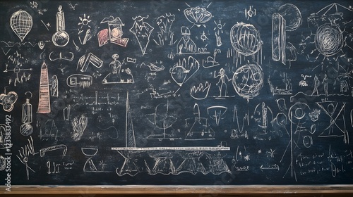 Blackboard filled with sketches doodles and icons representing various scientific disciplines including biology chemistry physics and mathematics  The image suggests a creative exploratory